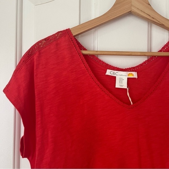 NWT C&C California | Cherry Red Tee V-neck w. Lace Medium Cotton Modal - Picture 8 of 8